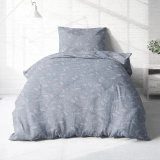 Träumschön Biber Bettwäsche Set 2tlg 155 x 220 cm Blau – Blumen Ranken Design – Flauschige Winterbettwäsche - Bettbezug + Kissenbezug 80x80 cm - 100% Baumwolle