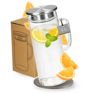 Glaskaraffe mit Deckel 1 Liter aus Borosilikatglas - Wasserkaraffe mit feiner Filterung dank Sieb - stilvolle Karaffe für Wasser, Fruchtwasser und Eistee im Alltag und Büro, Farbe:transparent
