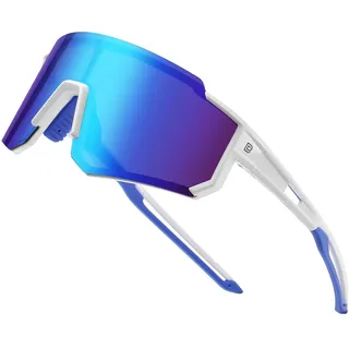 DUCO Polarisierte Sport Sonnenbrille für Herren Damen UV400 Schutz Baseball Radfahren Laufen Fischen Sonnenbrille DC0068 (Weiß Rahmen Blau Tempel Revo Blau Linse)