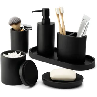 DELUXXOO® Hochwertiges 6-teiliges Badezimmer Zubehör Set schwarz matt als Bad Organizer und Deko Seifenspender Seifenschale Zahnputzbecher Tablett Aufbewahrung Box Becher Accessoires