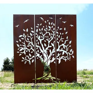 Edelrost 3er Set Sichtschutz Baum Motiv 165 cm x 150 cm Paravent zum Stecken Schild Gartenschild Gartenstecker Edelrost Gartendeko Wetterfest Rost