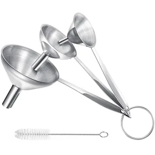Metalltrichter zum Befüllen von Flaschen, Edelstahl, kleines Trichter-Set, 3 in 1 Küchentrichter zum Filtern oder Umfüllen von Flüssigkeiten, trockenen Zutaten, mit 1 Reinigungsbürste