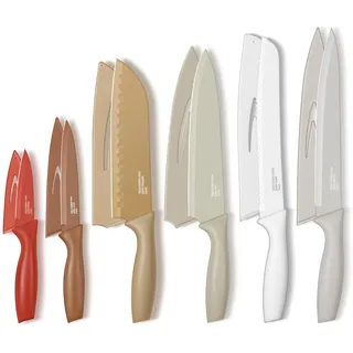 TEAMFAR Küchenmesser Set, 6-teilig Edelstahl Messer Set mit Schutzhülle, Scharfe Messerset mit Kochmesser Brotmesser Santokumesser Fleischmesser Schälmesser Allzweckmesser, Antihaftbeschichtet, Bunt