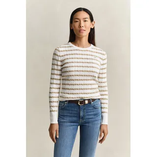 Rundhalspullover GANT "STRETCH COTTON CABLE STRIPE C-NECK", Damen, Gr. M, grau (oat beige), Strick, Obermaterial: 88% Baumwolle, 10% Polyamid, 2% Elasthan, slim fit, Rundhals, Rippbündchen, Pullover Rundhalspullover
