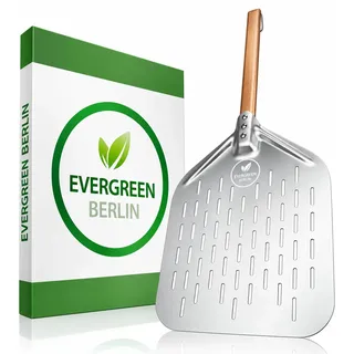 EVERGREEN BERLIN - Pizzaschieber - DAS ORIGINAL - Pizzaschieber perforiert - Pizzaheber aus Alu und Buchenholz - Pizzaschaufel perforiert für Pizza Passion - Pizzawender - Pizza Schieber - Pizza Peel