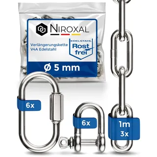 3 Stueck 100-cm = 1-Meter 5-mm starke Verlaengerungs-Kette aus Edelstahl Bruchlast max 900 kg mit Schaekel Schraub-Verbinder aus V4A Befestigungs-Set Aufhaengung von Boxsack Haengematte Haengesessel