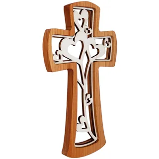 Kaltner Präsente Geschenkidee - Wandkreuz Echt Buche Holz Kreuz Kruzifix für die Wand 20 cm modern mit Herzen