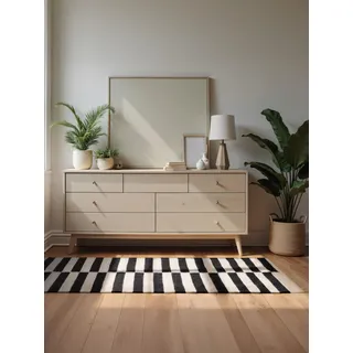 HANSE HOME Wollteppich Vika - Natur Wohnzimmerteppich - Handgewebt, & Natürlich - Streifen Design Wolle, Modern für Wohnzimmer, Schlafzimmer, Esszimmer, Flur - Schwarz Natur Weiß, 80x150cm