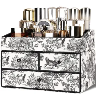 GORESE Make Up Kosmetik Organizer,2-Stöckig 3-Schubladen Leder schminktisch organizer Beauty Aufbewahrung Kosmetikbox Schreibtisch Organizer für Schlafzimmer, Badezimmer, Schminktisch(Vintage-Schwarz)