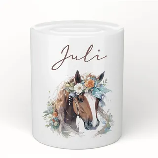 Manufaktur Liebevoll Personalisierte Kinder Spardose Pony Pferd Namen Geburt Taufe Taufgeschenk Baby Geschenk Geburtstagsgeschenk Geldgeschenk Sparschwein Sparbüchse Keramik Mädchen (Pferd Juli)