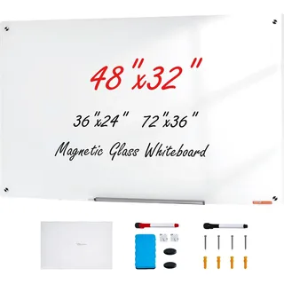 Vevor Magnetisches Glas-Whiteboard, Wandtafel Trocken Abwischbare Tafel 120 x 80 cm, Wandmontiertes Weißes Glasboard ohne Rahmen, mit Stiftablage, einem Radiergummi& 2 Stiften, Magnettafel Weiß