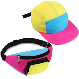 Cindeer 2 Stück 80er 90er Neon Gürteltasche und Baseball Kappe Retro Gürteltasche Trucker Kappe für Damen Herren Party (Rosa)