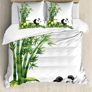 ABAKUHAUS Panda Bettbezug, Panda-Bär Bambus, Milbensicher Allergiker geeignet mit Kissenbezügen, 155 cm x 220 cm - 80 x 80 cm, Grün Schwarz Weiß - Weiß