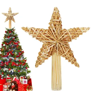 Strohstern Christbaumspitze, 20 x 30.5cm Weihnachtsbaumspitze, Baumspitze Weihnachten aus Stroh, Weihnachtsbaum Stern Spitze, Handgemachter Weihnachtsbaumschmuck für Jeder Größe Weihnachtsbäume (A)