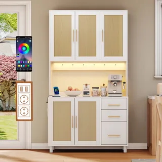 Küchenanrichte mit LED-Beleuchtung & USB-Anschluss & 3 Schubladen,100x40x183cm, Weiß - Weiß