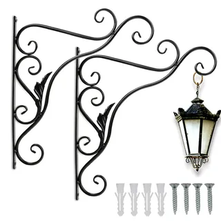 Clanmacy 2 Stück Haken Wandhalterung Blumenampel Landhaus Gusseisen 35 cm Konsole Regal Aufhänger Wandhaken Blumenhaken Laternenhalter Blatt - Schwarz