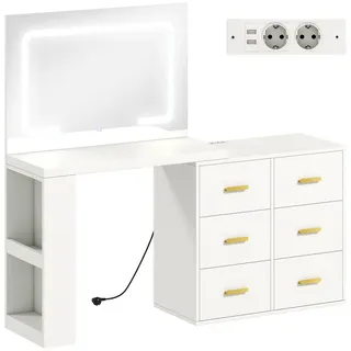 Homcom Schminktisch mit LED-Leuchte 3 Lichtfarben Spiegel Steckdose Weiß , Holzwerkstoff , 6 Schubladen , 78x135x118 cm , Schlafzimmer, Schminktische