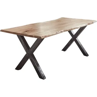 Esstisch Baumkante Akazie naturfarben 300 x 100 cm Vintage X-Gestell schwarz FREDERIK - Beige