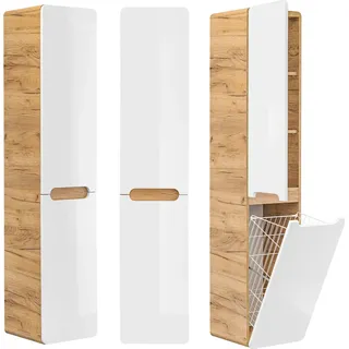 Badmöbel Hochschrank mit Wäschekorb LUTON-56 Wotan Eiche Nb. mit Hochglanz weiß, B/H/T ca. 35 x 170 x 35cm - Weiß