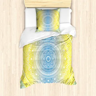 ABAKUHAUS Blau und Gelb Mantele, Blau Ombre Mandala, Milbensicher Allergiker geeignet mit Kissenbezügen, 135 cm x 200 cm - 80 x 80 cm, Blau Gelb - Blau