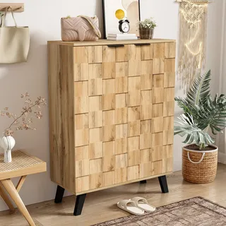 okwish Schuhschrank Schuhbank mit verstellbaren Einlegeböden und 5 Fächern, Schuhkommode aus Rattan mit Massivholzfüße, 80,5 x 35 x 109,5 cm, Natur - Naturbelassen