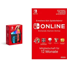Nintendo Switch (OLED-Modell) Neon-Rot/Neon-Blau + Switch Online Mitgliedschaft - 12 Monate (Nintendo Switch Download Code)
