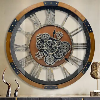 DORBOKER Wanduhr mit original beweglichen Zahnrädern, große industrielle Wanduhr aus Holz als Wohnzimmerdekoration, Vintage, Landhaus, Steampunk, rustikal, Braun-Nanmu, 60 cm