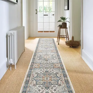 Carvapet Läufer Teppich 60x300cm rutschfest Lang Teppichläufer Waschbar Mikrofaser Vintage Medaillon Blau Teppich Flächenteppich Laufteppich
