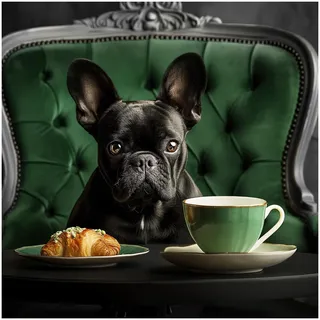 Glasbild Frenchie 30 x 30 cm I HUNDEPORTRAIT MIT KAFFEE I Bild mit Bulldogge, Kaffee & Croissant I Wandbild für Küche & Café I Tiermotiv Bully Deko I Wanddekoration Hund schwarz I moderne Küchenbilder