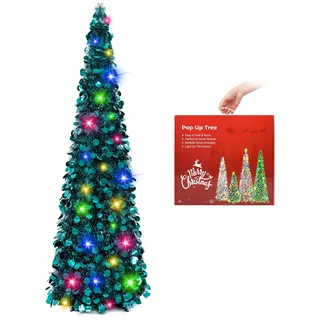 N&T NIETING Künstlicher Weihnachtsbaum mit Beleuchtung, Pop Up Weihnachtsbaum 150cm, Pailletten Weihnachtsbaum künstlich Weihnachtsdeko für Weihnachten, Partybedarf, Haus Dekoration, Pfauenblau