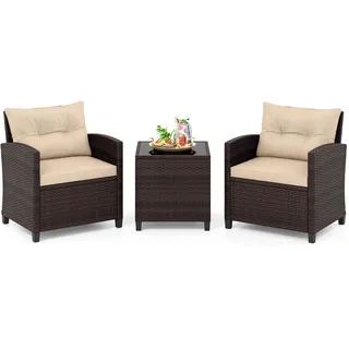 COSTWAY Gartenmöbel Set Polyrattan, 3-tlg. Balkonmöbel Set inkl. 2 Sessel, Kissen & Tisch mit gehärteter Glasplatte, wetterfeste Sitzgruppe 2 Personen - Braun, Beige