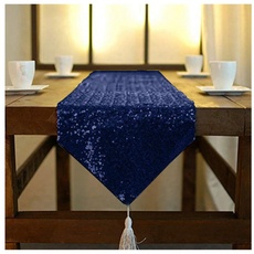 ShinyBeauty Tischläufer mit Quaste schimmerndes 30 x 180 cm mit Glitzer und runden Pailletten, Tischläufer für Party/Hochzeit/Bankett Tischdecke dekorativ (Navy blau, 30x180cm)
