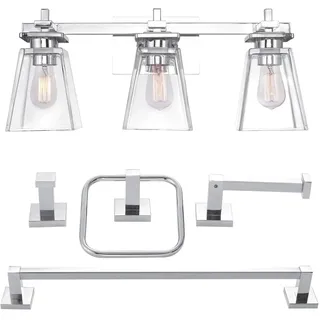 Globe Electric 51413 5-Piece Yorke All-in-One Bathroom Set, 3-Light Vanity Light with Glass Shades, Towel Bar, Towel Ring, Robe Hook, Toilet Paper Holder, Chrome