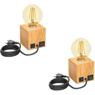 ledscom.de 2x Tischlampe HITO, Holz massiv, eckig, USB, inkl. E27 Lampe gold, max. 818lm, 3-Stufen, extra-warmweiß