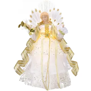 Valery Madelyn 26cm Weihnachtsengel Weihnachtsbaumspitze Weihnahctdekorationen Engel Christbaumspitze mit 10 batteriebetrieben warmen LED-Lichtern Weiß Golde(M)
