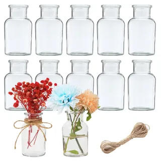 12er Set Kleine Vasen,125ml Vasen Klein Tischdeko mit 10M Juteschnur,Glasvasen FüR Tischdeko,Mini Glass Vases,geeignet für Hochzeiten,Birthdays,Festivals,Party Vasen Set