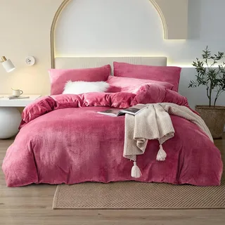 YASMENG Warme Winter Bettwäsche 135x200cm Rot Flauschige Plüsch Bettwäsche Super Weich & Kuschlig Hochwertige Bettbezug Set mit Reißverschluss und 1 Kopfkissenbezug 80x80cm