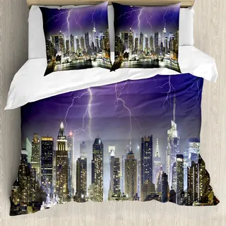 ABAKUHAUS Stadt Bettbezug, Sturm Donner in New York, Milbensicher Allergiker geeignet mit Kissenbezügen, 155 cm x 220 cm - 80 x 80 cm, Charcoal Grey Indigo