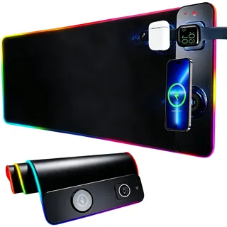 Ouitble RGB Gaming Mauspad Großes XXL LED-Schreibtischpad mit Kabelloser Schnellladung für Uhren Handy Kopfhörer, Wasserdicht Mousepad LED 14 Beleuchtungsmodi für Tastatur PC Gamer, 800x300x4mm