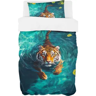 YISUMEI Bettwäsche 135x200 Set - Tiger im Wasser - Mikrofaser Bettbezug 2er Set 135x200 cm + 1 Kissenbezug 80x80 cm