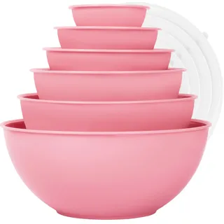 BoxedHome 12-teiliges Salatschüssel mit Deckel aus BPA-freiem Kunststoff, Rosa - Stapelbare Rührschüssel Set, Wiederverwendbare, Spülmaschinenfest, Ideal für Camping, Picknicks, Backen und Kochen