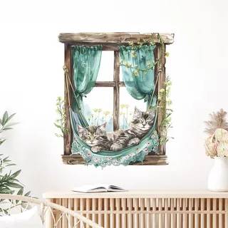 Tanlaby Katzen Aufkleber Wandtattoo Tiere Wandsticker Gefälschte Fenster | Abziehen Aufkleben Selbstklebende Abnehmbare Wandaufkleber für Wohnzimmer Schlafzimmer Babyzimmer