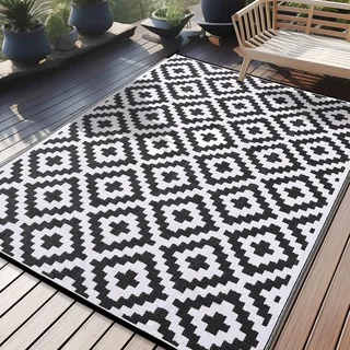 Homaxy Outdoor Teppich Wetterfest, Kunststoff Stroh UV-beständig Wendbar Faltbar Waschbar Balkon Garten Teppich für Terrasse Camping Picknick (180 x 270 cm, Schwarz & Weiß)