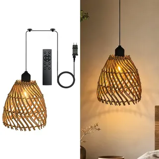 YOFHPT Hängelampe mit Stecker Boho, 5M Rattan Hängelampe Boho, E27 Lampenschirm Hänge-lampe Bo-ho Rattan mit Fernbedienung & 4 Lichtmodi für Wohnzimmer, Schlafzimmer, Garten, Balkon