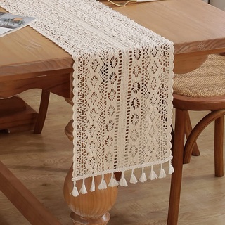 meioro Gehäkelte Tischläufer, 26x120cm Spitze Boho Tischwäsche Klassische Beige Hochzeit Tischdecke Vintage Tassel Tischdeko für Küche Essen Urlaub Party Dekoration Tablerunner(Stil-C)