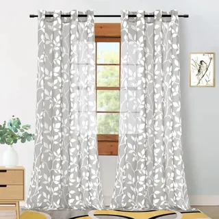 MRTREES Extra Lange Gardinen Voile und Vorhänge mit Muster Weißen Blätterdrucken für Wohnzimmer, Vorhang mit Ösen Grau Durchsichtig 2er Set, 260 cm Lang, 140 cm Breit, Tüll Gardine
