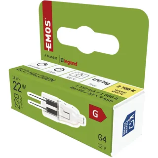 EMOS - Dimmbare Halogenlampe 14W, Ersatz für 22W Birne - 2 Pin Halogen G4-Stiftsockellampe 12 V - Helligkeit 220lm, Warmweiß 2700K - Lebensdauer 8000 Schaltzyklen - extrahohe Farbwiedergabe CRI 99,9
