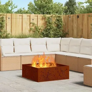 Braune Feuerstelle aus Wetterfeststahl 80 x 80 x 30 cm, quadratische Feuerschale für Garten, Terrasse, Balkon, Outdoor Deko und Wärme, langlebig, freistehend
