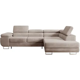 Selsey Ecksofa L-Sofa mit Schlaffunktion, Bettkasten, Ottomane rechts, Cordbezug Dunkelbeige