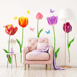 DECOWALL SG-2116 Tulpen Wandaufkleber Schmetterling Wandtattoo Wandsticker für Schlafzimmer Wohnzimmer Küche Flur Büro Wanddeko